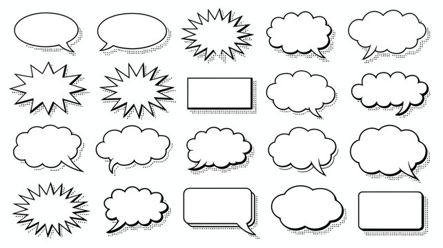Collection of black and white comic book speech bubbles with halftone dot patterns, various shapes including rectangles and clouds, isolated on a white background for