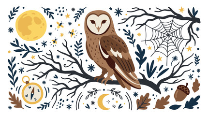 Obraz premium Nature and wildlife concept icons with owl, moon and spider web for infographic design in doodle style