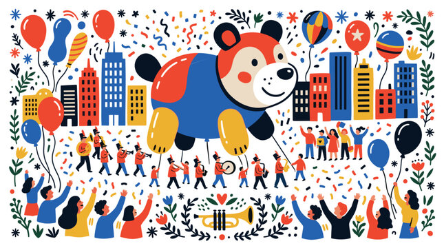 Festival and city life design icons with balloon, marching band and bear float for parade branding in vibrant illustration