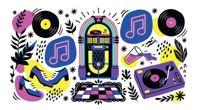 Music and retro vector icons with jukebox, vinyl records and dancing shoes for mobile app design in neon style