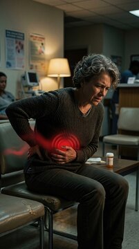 Senior woman suffering from intense abdominal pain, indicative of pancreatitis, an acute medical condition, seeking urgent medical attention in a healthcare facility