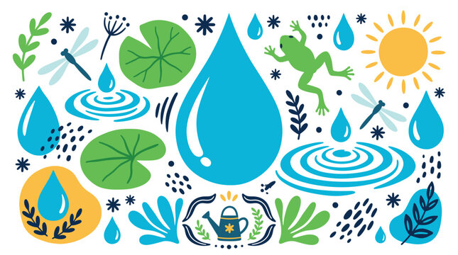 Nature and water vector icons with raindrop, frog and dragonfly for mobile app design in colorful vector art