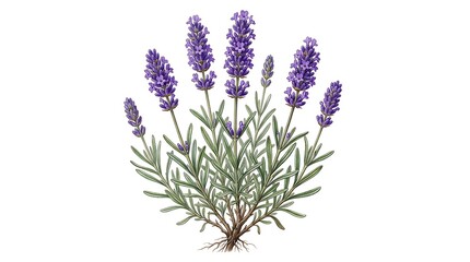 Fototapeta premium Lavender Plant Illustration with Purple Flowers and Green Leaves on White Background