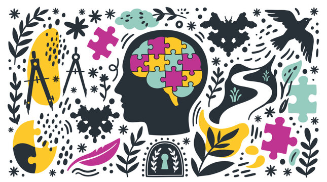 psychology and brain concept icons with puzzle pieces, human head and bird for infographic design in colorful illustration