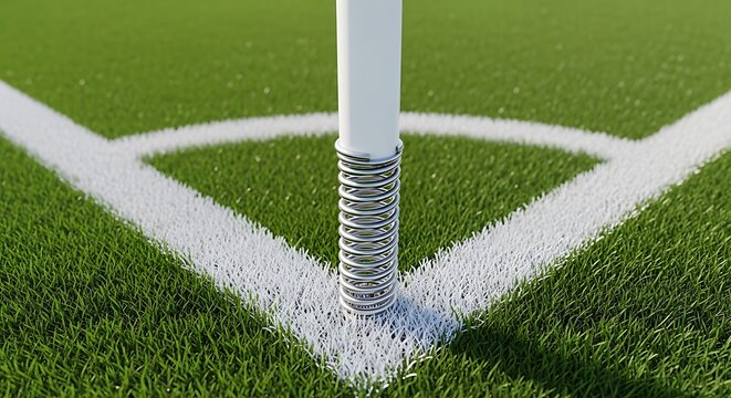 Corner flag on a soccer field with white markings