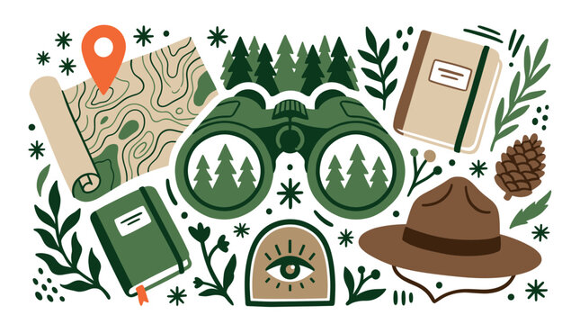 forest and exploration design icons with binoculars, map and ranger hat for mobile app branding in green earthy style