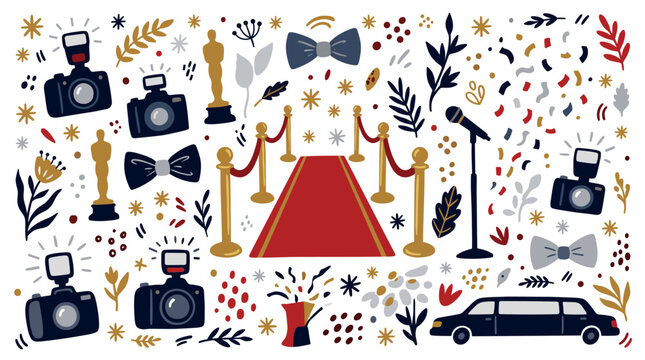 celebration and entertainment vector icons with red carpet, camera and microphone for marketing design in colorful style