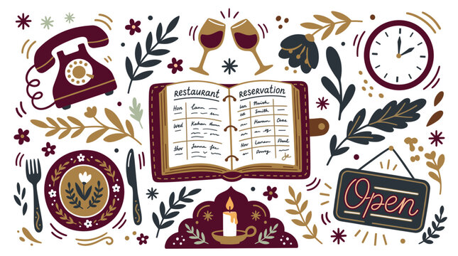 Restaurant and reservation concept icons with menu, wine glasses and old phone for hospitality marketing in vintage style illustration