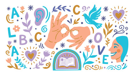 Naklejka premium Communication and learning concept icons with hands, doves and letters for mobile app design in vibrant illustration