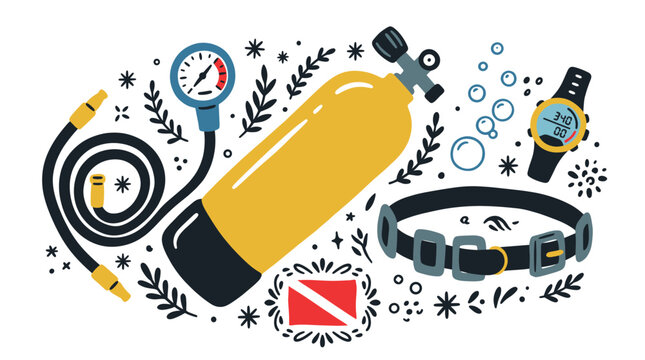 Diving and underwater equipment vector icons with tank, pressure gauge and watch for infographic design in flat colorful style