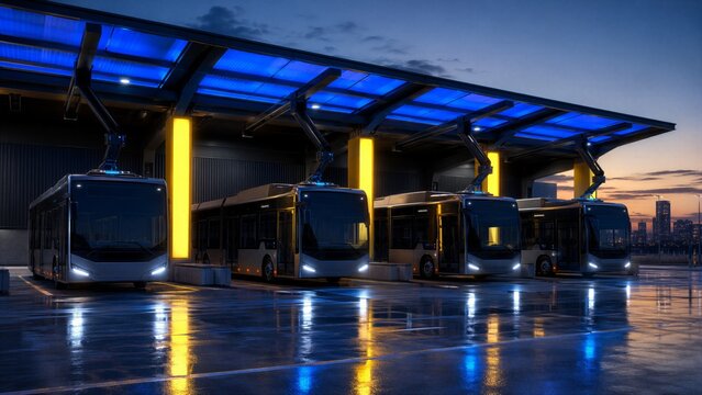 Electric Bus Depot Charging at Dawn for Sustainable Transit