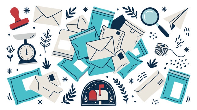 Mailing and shipping vector icons with envelopes, scale and stamps for presentation design in colorful illustration style