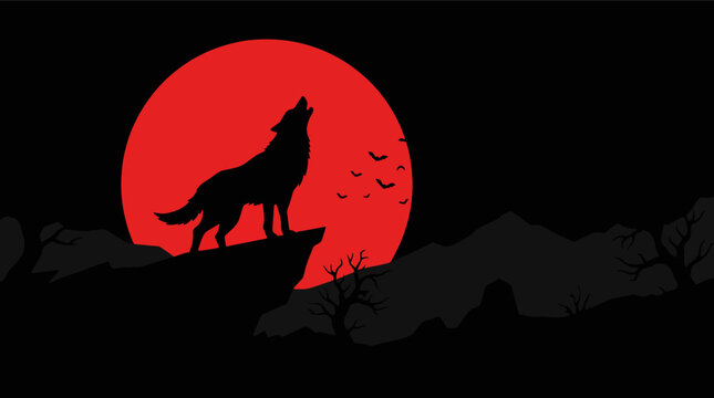 Silhouette of a howling wolf on a mountain cliff against a large vibrant red moon
