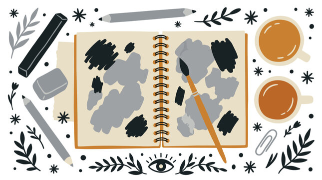 Art and creativity design icons with sketchbook, brush and coffee cups for artist portfolio design in minimal hand drawn style