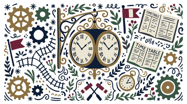 Time and mechanics design icons with clocks, gears and timetables for infographic design in vintage illustration style
