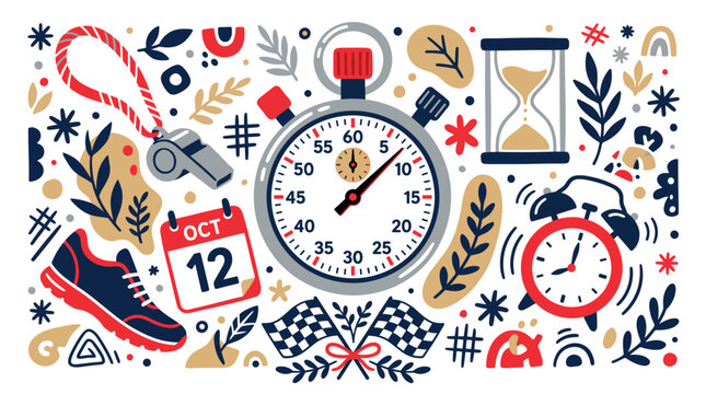 Time and race vector icons with stopwatch, running shoe and alarm clock for infographic design in hand-drawn illustration