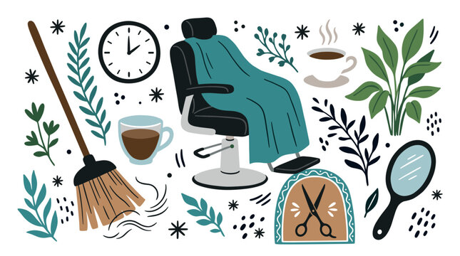 Barbershop and relaxation vector icons with barber chair, scissors and mirror for salon branding design in colorful illustration