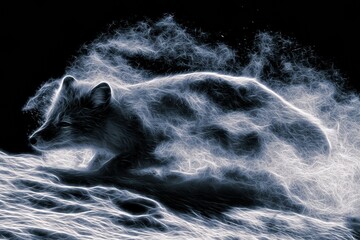 Naklejka premium Arctic fox makes a sudden leap into snow, chasing its prey, with a glowing outline highlighting its movement in a dark setting filled with snow dust