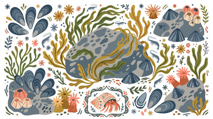 Obraz premium ocean and sea life concept icons with rocks, seaweed and shellfish for infographic design in colorful style