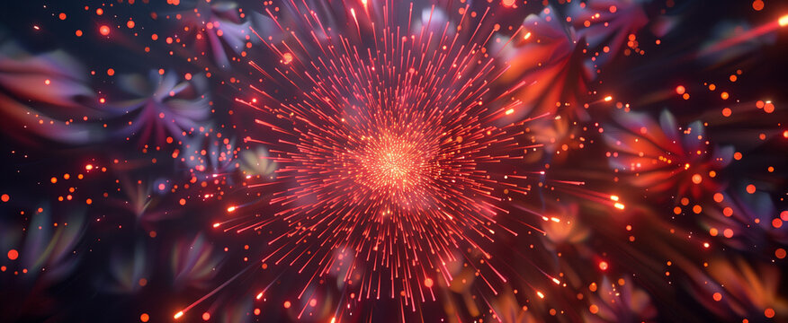 A energetic dark abstract background filled with a vibrant explosion of red and orange fireworks particles and light streaks