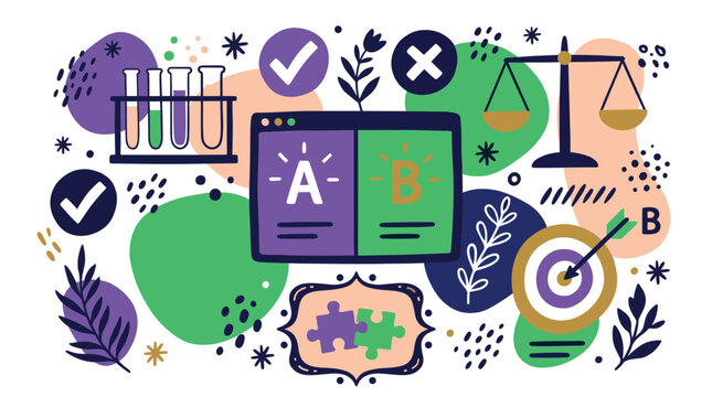 science and decision making concept icons with test tubes, puzzle pieces and scales for presentation design in illustration style