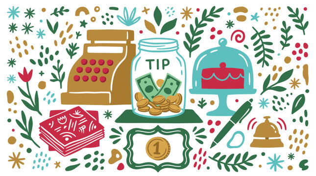 Retail and hospitality design icons with cash register, tip jar and cake for restaurant service marketing in colorful doodle style