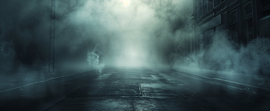 Mysterious atmospheric view of an empty wet urban street covered in thick fog at night with soft distant light sources