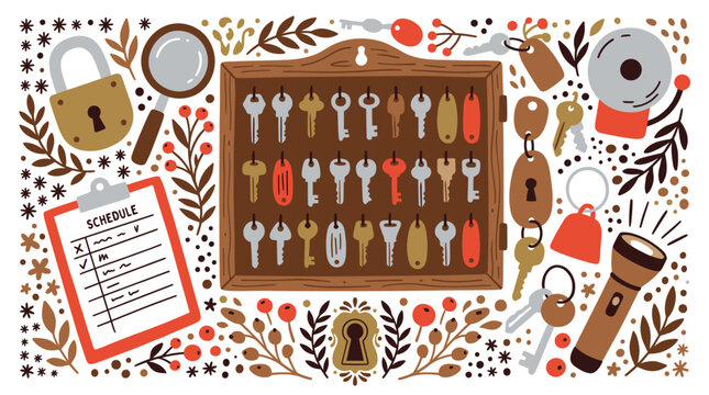 Security and locksmith vector icons with keys, padlock and magnifying glass for web dashboard design in rustic hand drawn style