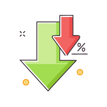 Down arrow icon with discount percentage sign - A clean vector down arrow icon featuring a red discount percentage symbol, ideal for sales, promotions, or price reduction graphics.