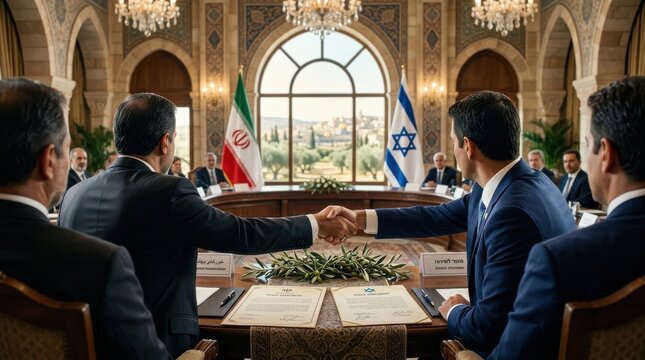 Diplomatic handshake between Iranian and Israeli representatives at a formal peace negotiation summit in a grand hall with national flags and treaty documents on a table