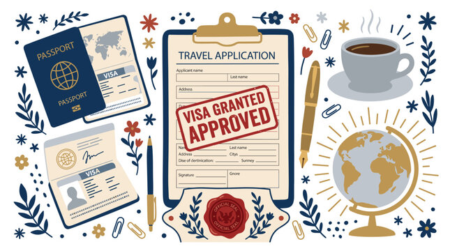 Travel and documentation vector icons with passport, application form and globe for print design in minimal illustration