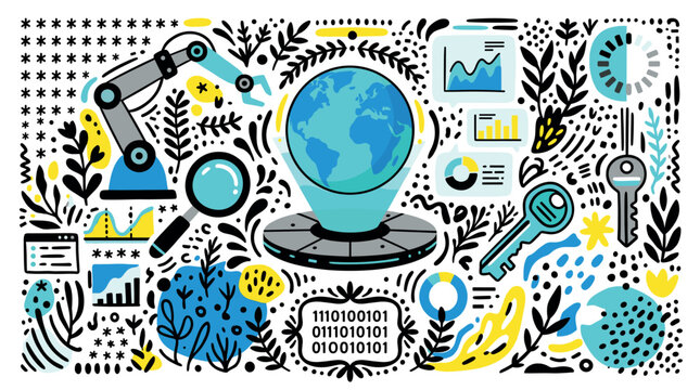 Technology and innovation vector icons with robotic arm, globe and charts for business infographic design in colorful doodle style