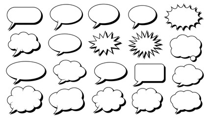 Fototapeta premium Set of comic book speech bubbles and thought clouds with black outlines and drop shadows on a white background, for dialogue and communication