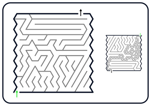 Rectangular maze for kids, medium difficulty printable logic game, find the way from start to exit, line art, activity worksheet page with solution