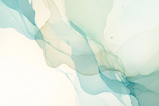 Minimalist abstract background with gentle waves of soft teal and green translucent watercolor ink shapes