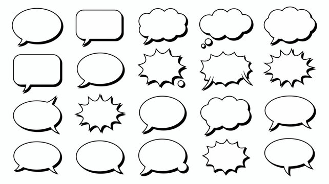 Set of diverse comic book style speech bubbles and thought balloons with black outlines, featuring various shapes including clouds, starbursts, and rounded rectangular