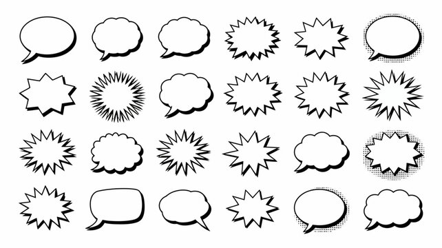 Extensive set of black and white comic book speech bubbles and thought balloons, featuring various jagged starbursts, clouds, and rounded shapes with halftone textures