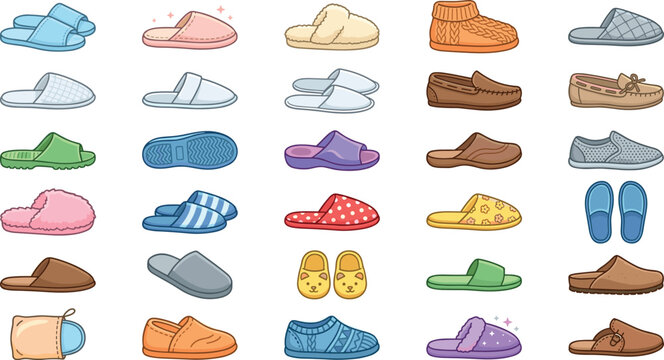 Cozy Indoor Slipper and House Shoe Icon Set Featuring Slides Moccasins Fluffy Mules and Warm Booties for Comfortable Loungewear and Retail Apparel DesignsCozy Indoor Slipper and House Shoe Icon Set Fe