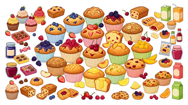 Assorted muffins cupcakes and sweet desserts flat vector illustrations elements