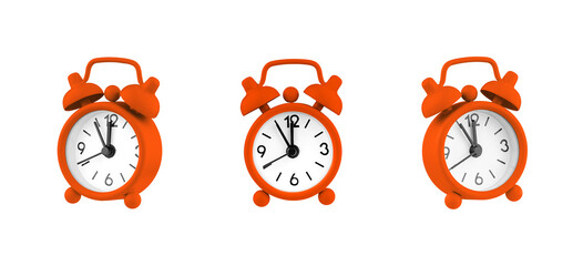 Obraz premium Collage of classic Orange mechanical alarm clocks from different angles. Symbol of time management, morning routine, and deadlines. Professional studio shot for business and lifestyle concepts.