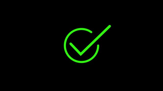 Tick mark icon seamless loop.Glowing neon line Tick mark or confirm icon animation, approval icon with circular outline for confirmation, yes motion choice success correct, circle, validation accept