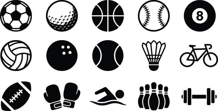 Sport Equipment Icon Set. Sports icons featuring various symbols. football, basketball, volleyball, dumbbell, soccer,