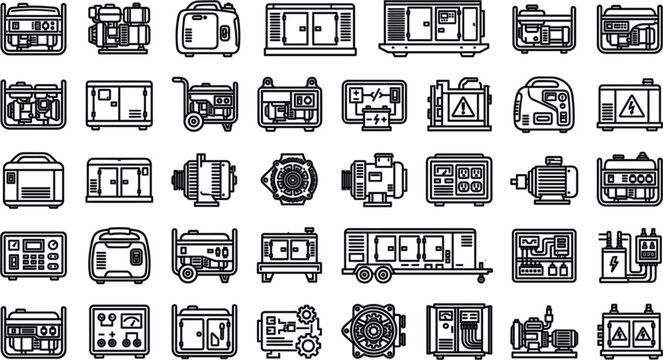Portable Electric Generator and Industrial Power Engine Line Icon Set Featuring Alternators Transformers Control Panels and Emergency Backup Equipment DesignsPortable Electric Generator and Industrial
