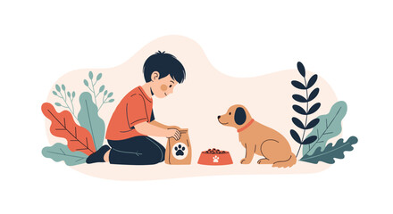 Fototapeta premium Young boy kneeling down to feed a cute brown puppy from a bag of dog food surrounded by decorative plants in a simple home lifestyle setting.