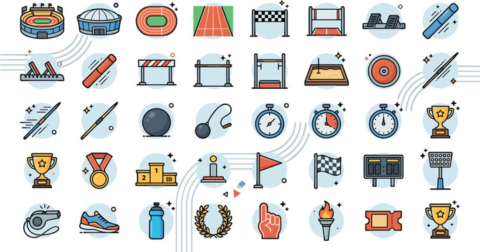 Track and Field Athletics Sport Icon Set Featuring Stadiums Running Tracks Hurdles Javelins Stopwatches Medals and Trophies for Championship Tournament DesignsTrack and Field Athletics Sport Icon Set 