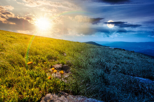 carpathian mountain landscape on summer solstice. day meet night. nice view of a grassy alpine meadow. sun and moon harmony over rock and herbs on the hill. astrology mountain wallpaper with epic sky