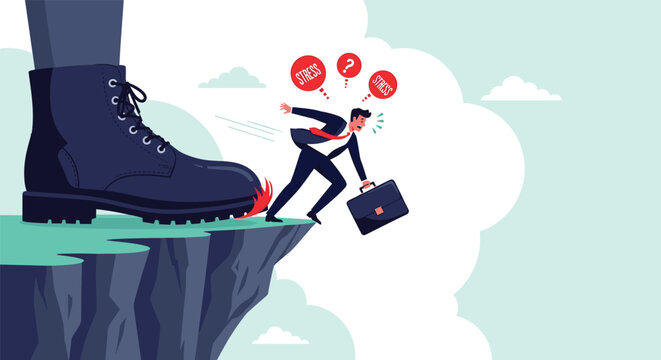 Stressed businessman running away with a briefcase near a cliff as a giant boot tries to step on him representing intense work pressure.