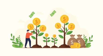 Fototapeta premium Happy man taking care of several money trees that are growing large golden coins symbolizing successful financial investment and prosperity.