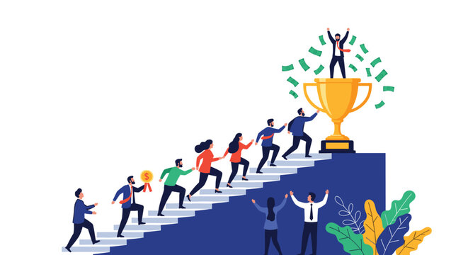 Team of ambitious professionals climbing a set of stairs towards a giant golden trophy at the top to celebrate their hard-won business success.