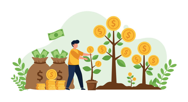 Successful man watering small plants that are growing into large trees covered in golden dollar coins symbolizing long-term wealth growth.